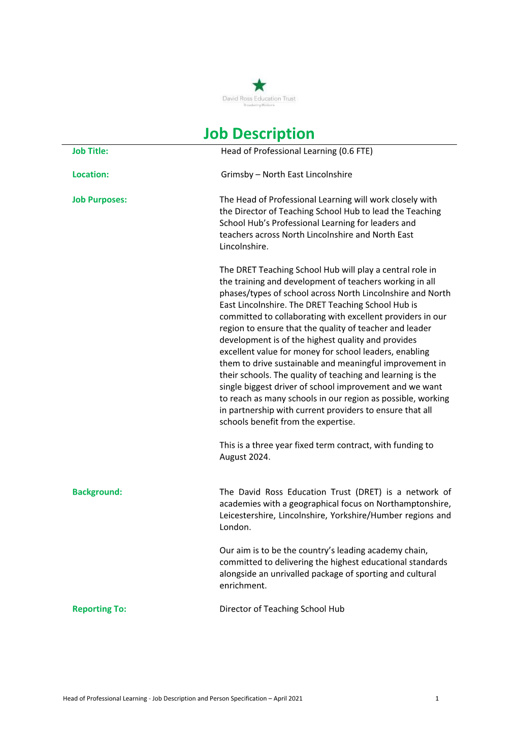 Job Description Job Title: Head of Professional Learning (0.6 FTE)