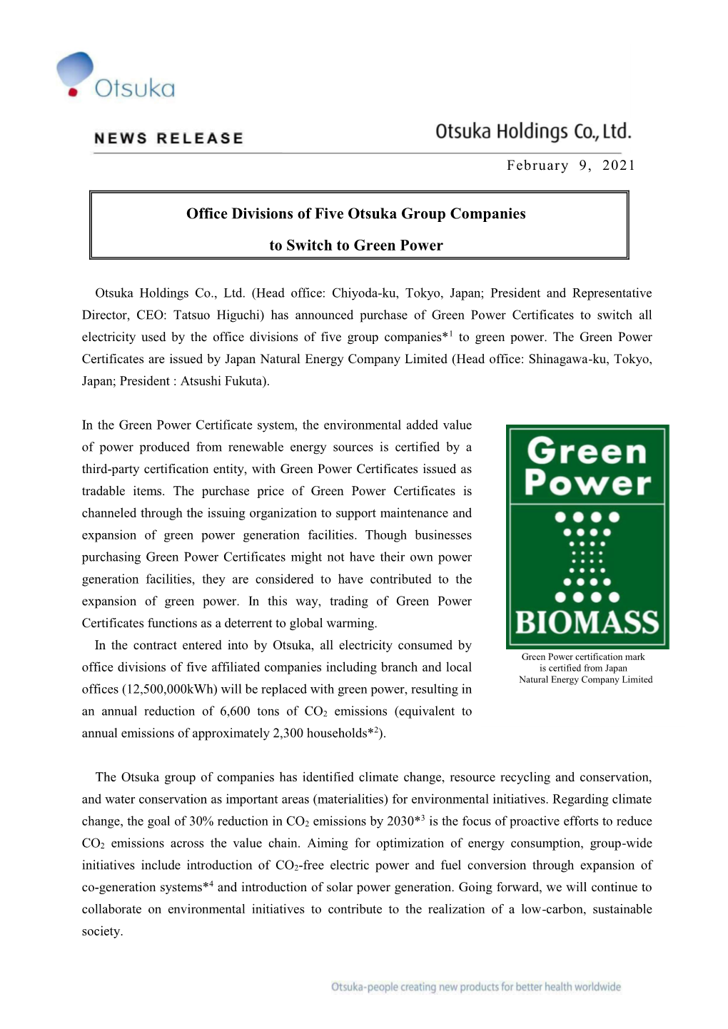 Office Divisions of Five Otsuka Group Companies to Switch to Green Power