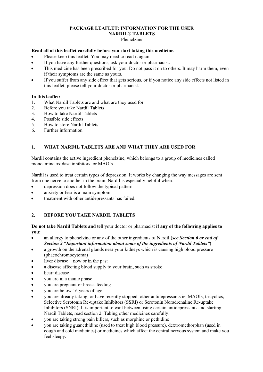 INFORMATION for the USER NARDIL® TABLETS Phenelzine