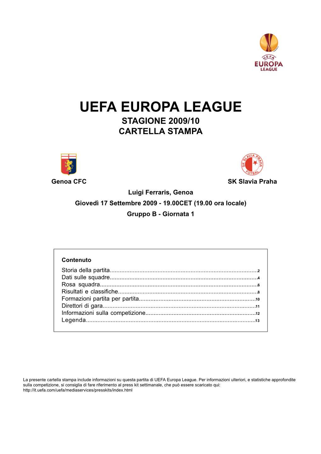 Uefa Europa League Stagione 2009/10 Cartella Stampa