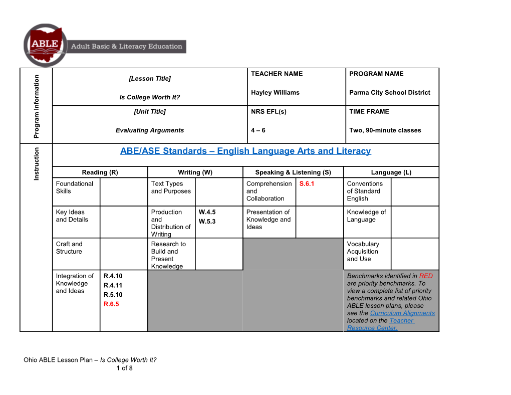 Program Information / Lesson Title Is College Worth It? / TEACHER NAME Hayley Williams