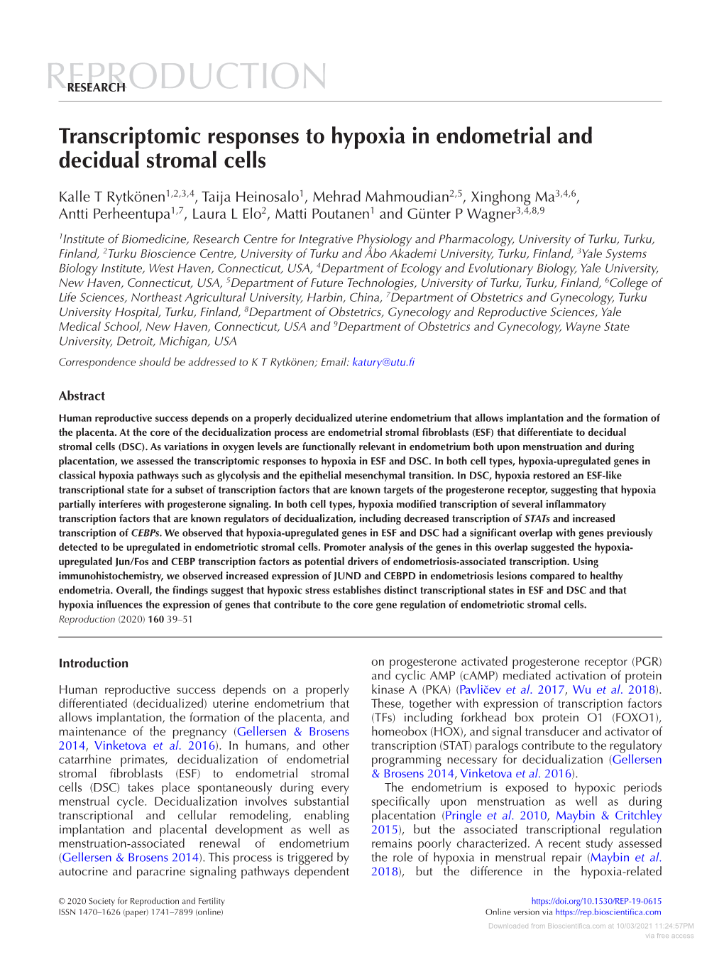 Transcriptomic Responses to Hypoxia in Endometrial and Decidual Stromal Cells