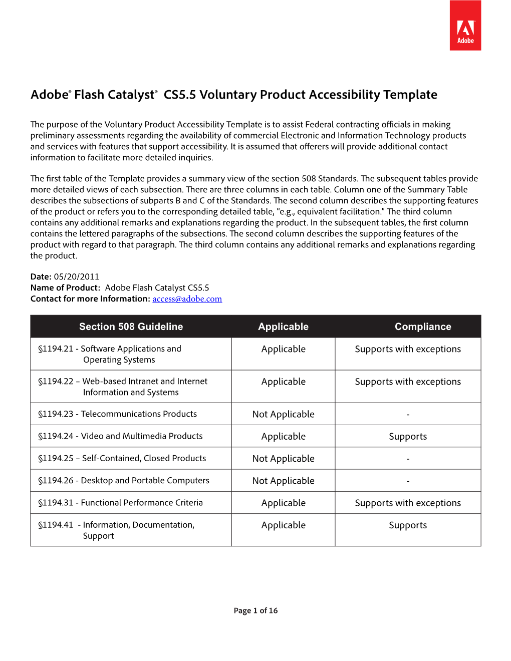 Flash Catalyst CS5.5 Voluntary Product Accessibility