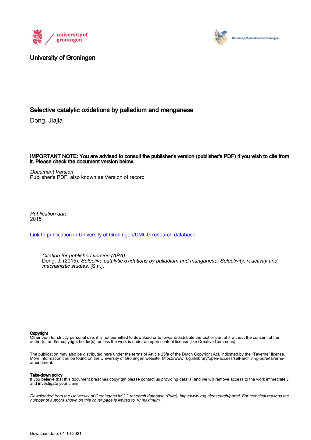 University of Groningen Selective Catalytic Oxidations by Palladium