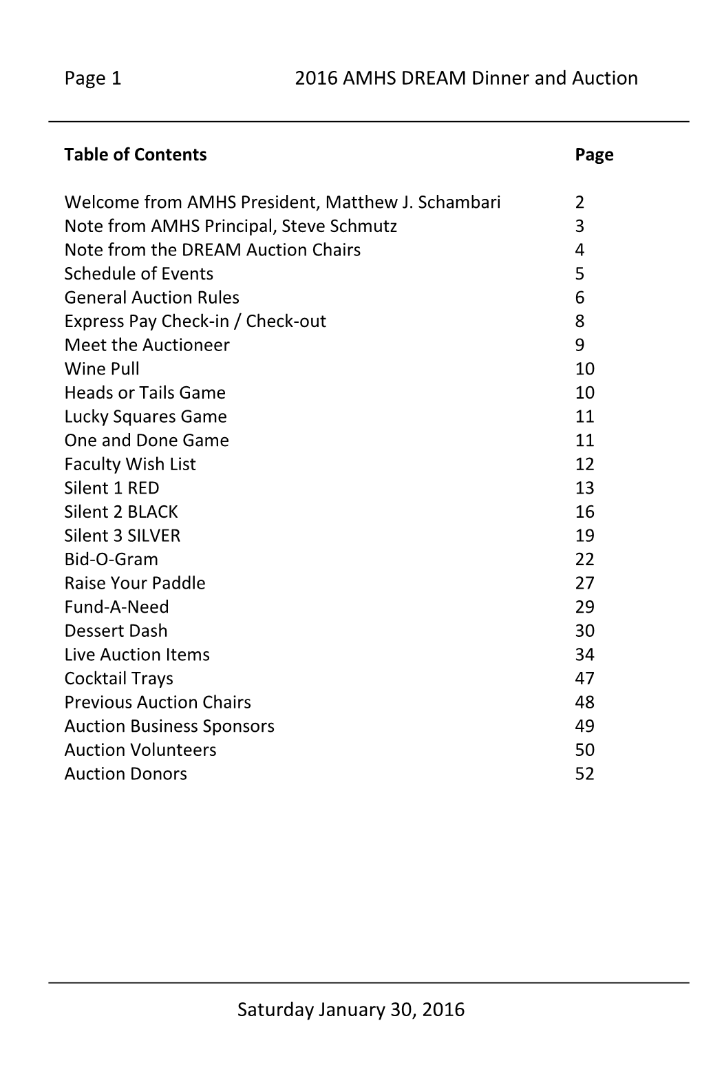 Page 1 2016 AMHS DREAM Dinner and Auction Saturday January 30, 2016