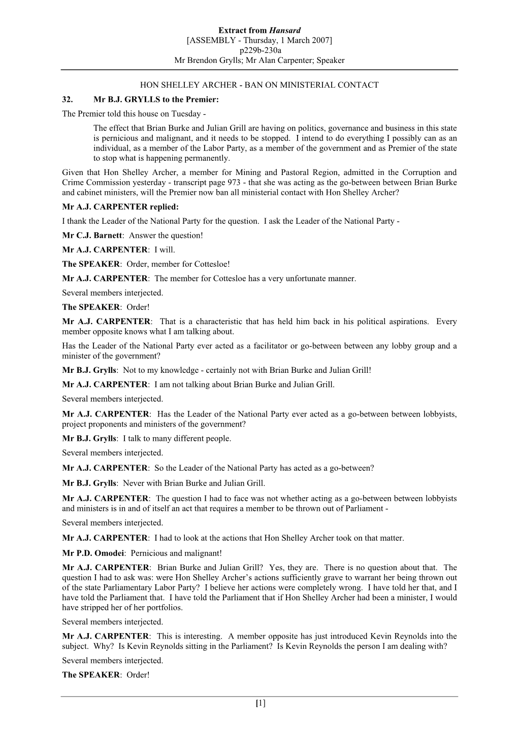 Extract from Hansard [ASSEMBLY - Thursday, 1 March 2007] P229b-230A Mr Brendon Grylls; Mr Alan Carpenter; Speaker