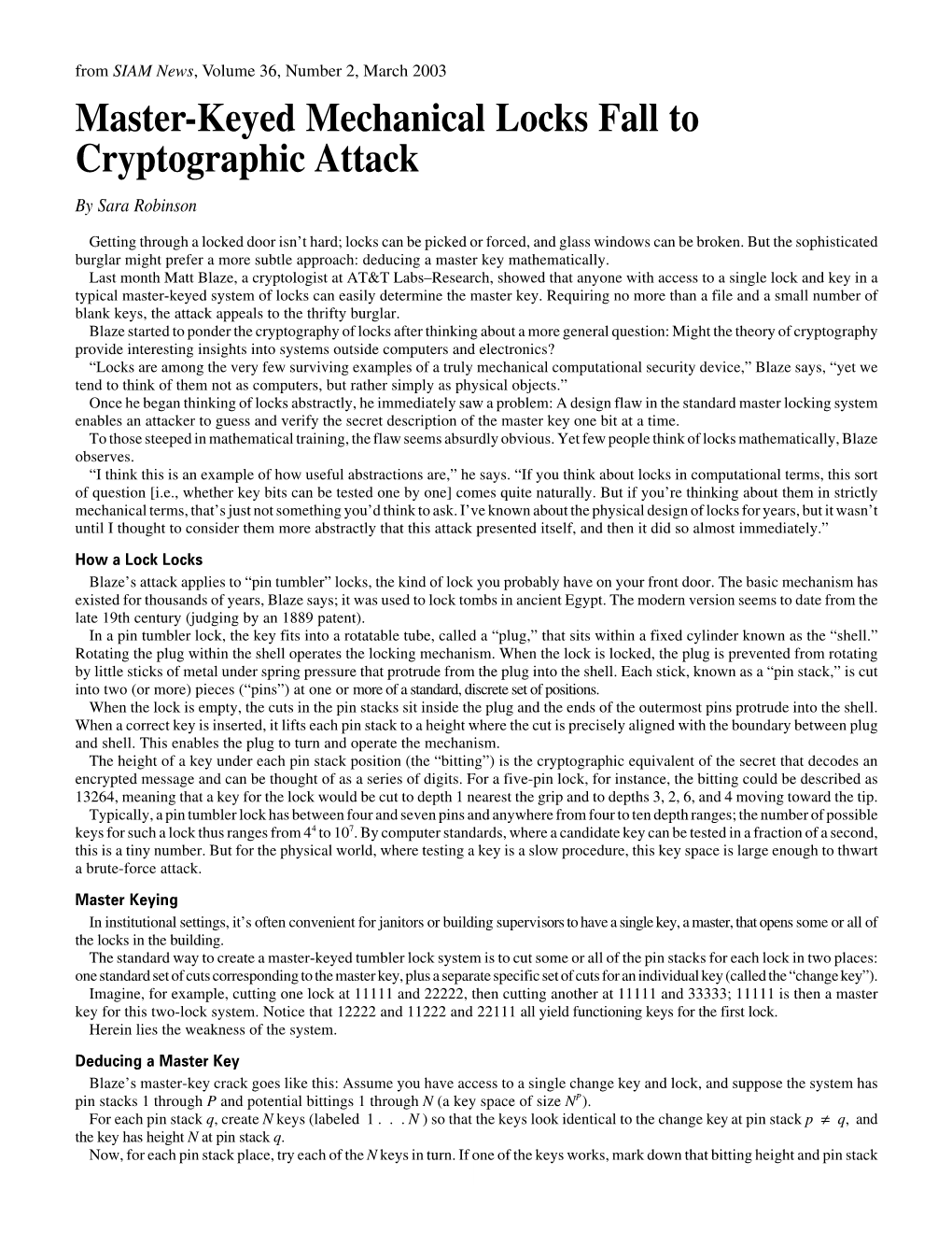 Master-Keyed Mechanical Locks Fall to Cryptographic Attack by Sara Robinson