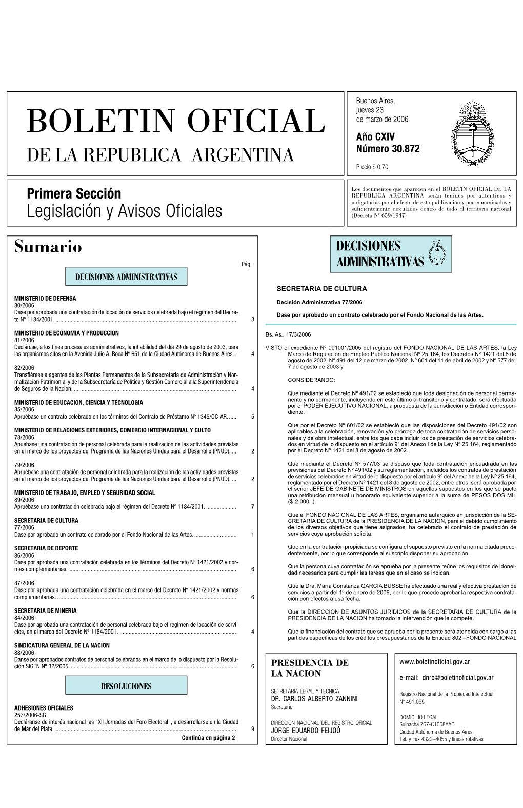 BOLETIN OFICIAL De Marzo De 2006 Año CXIV Número 30.872