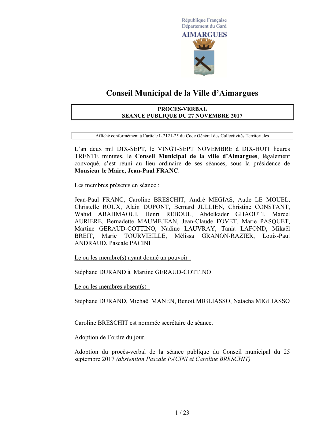 Conseil Municipal De La Ville D'aimargues