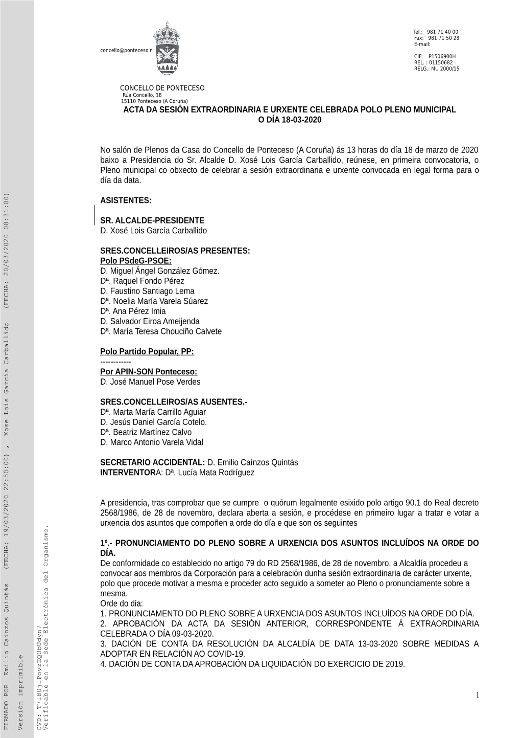 Acta Da Sesión Extraordinaria E Urxente Celebrada Polo Pleno Municipal O Día 18-03-2020