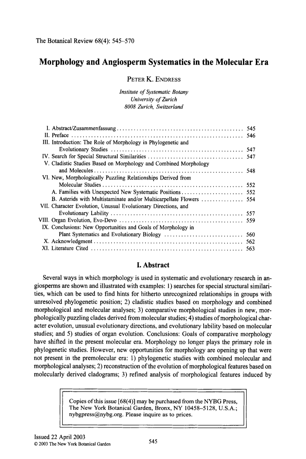 Morphology and Angiosperm Systematics in the Molecular Era