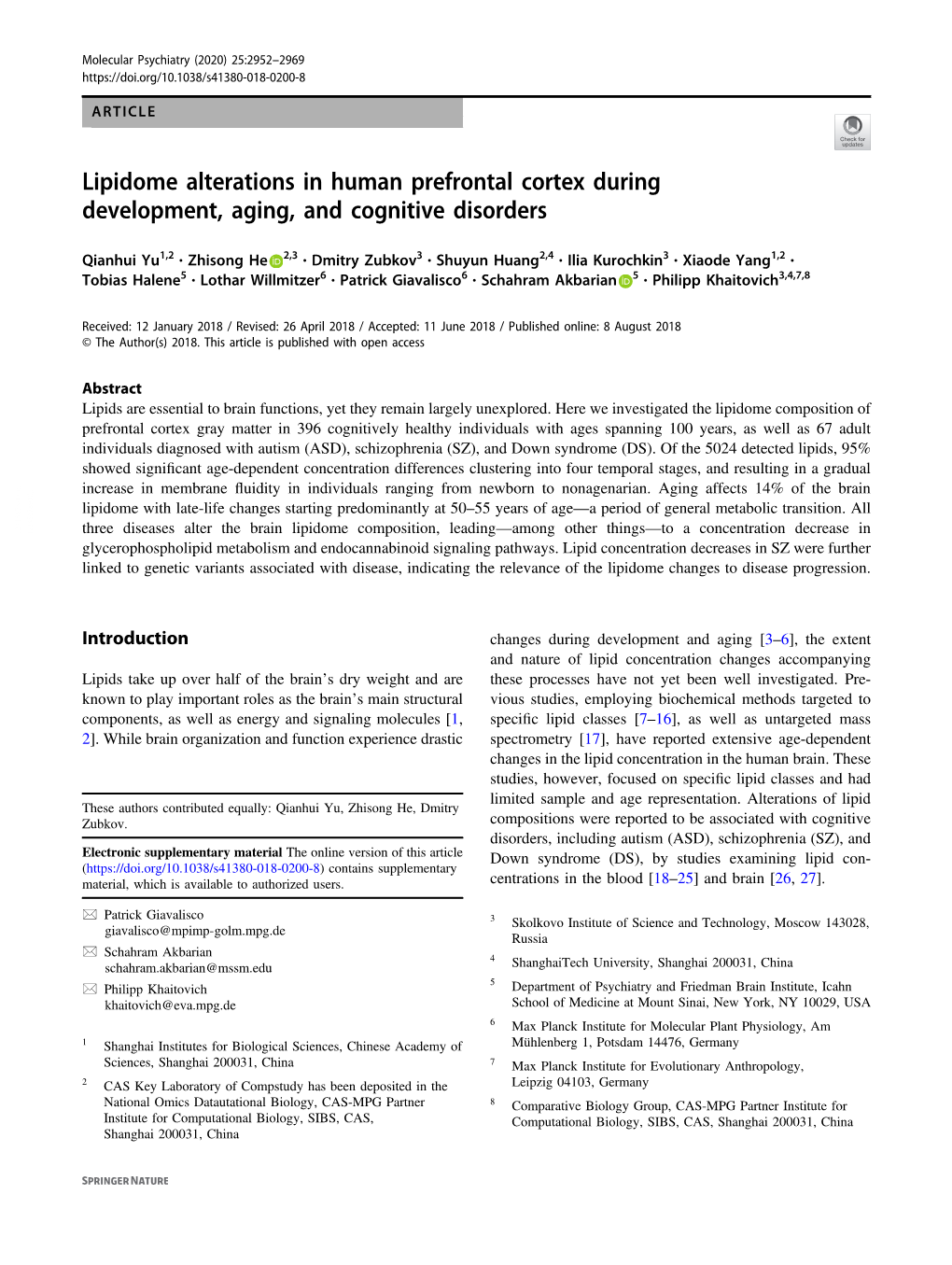 Lipidome Alterations in Human Prefrontal Cortex During Development, Aging, and Cognitive Disorders