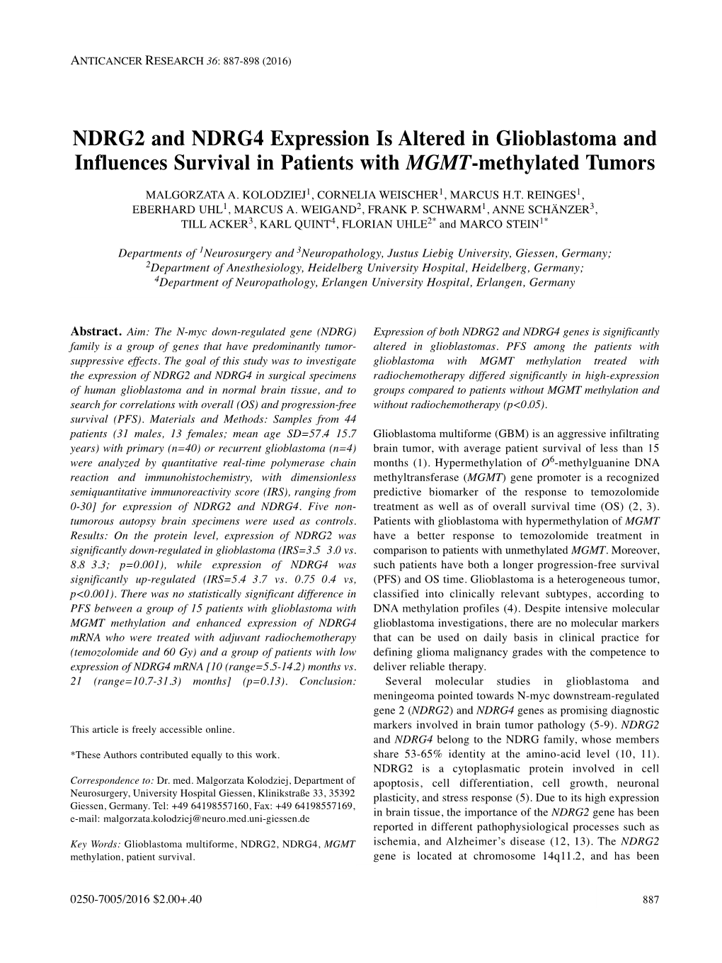 NDRG2 and NDRG4 Expression Is Altered in Glioblastoma and Influences Survival in Patients with MGMT -Methylated Tumors MALGORZATA A