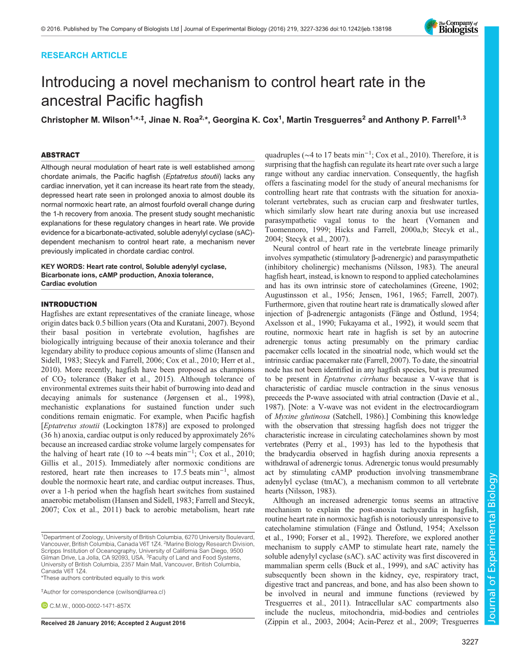 Introducing a Novel Mechanism to Control Heart Rate in the Ancestral Pacific Hagfish Christopher M