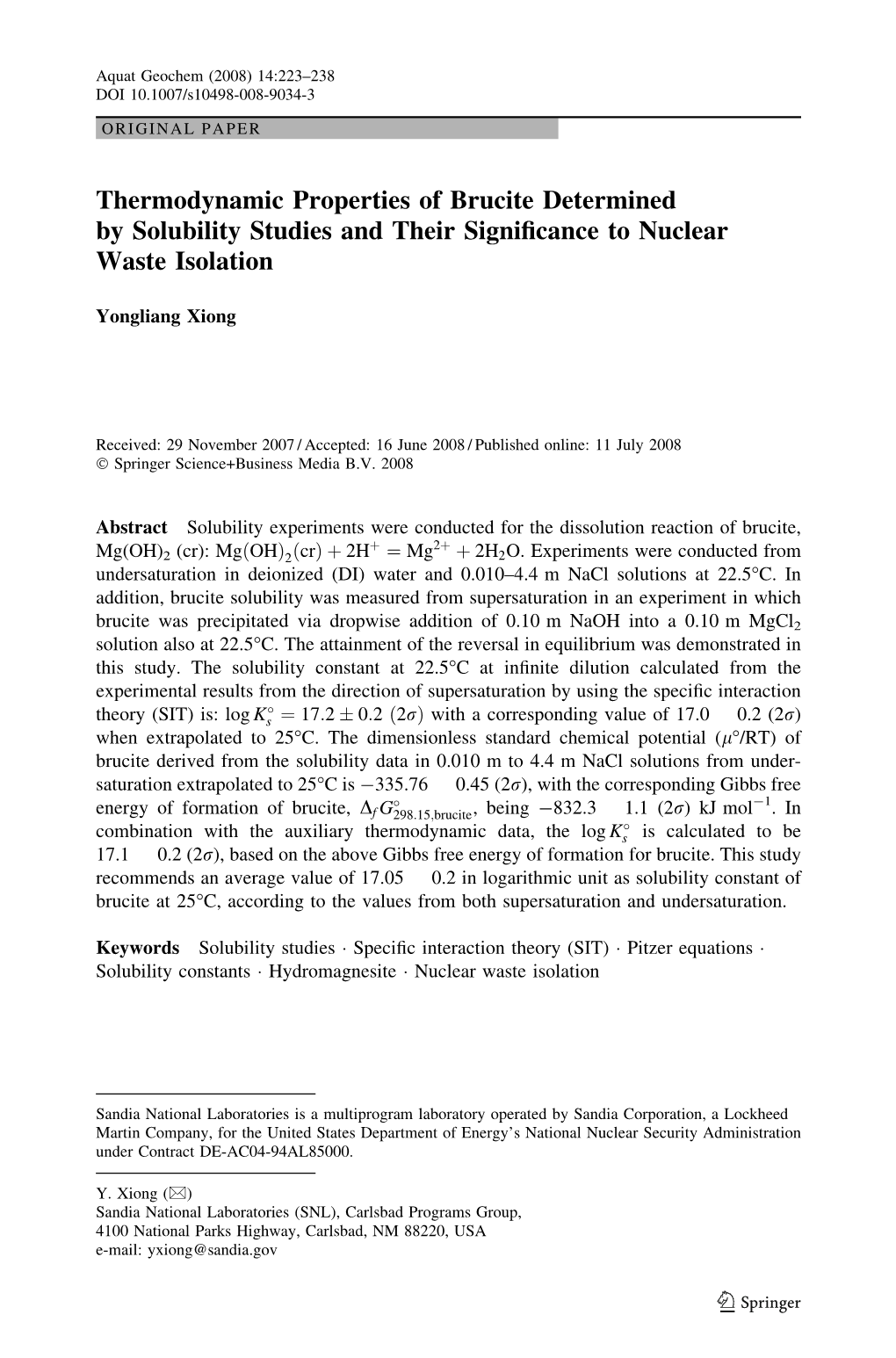 Thermodynamic Properties of Brucite Determined by Solubility Studies and Their Signiﬁcance to Nuclear Waste Isolation