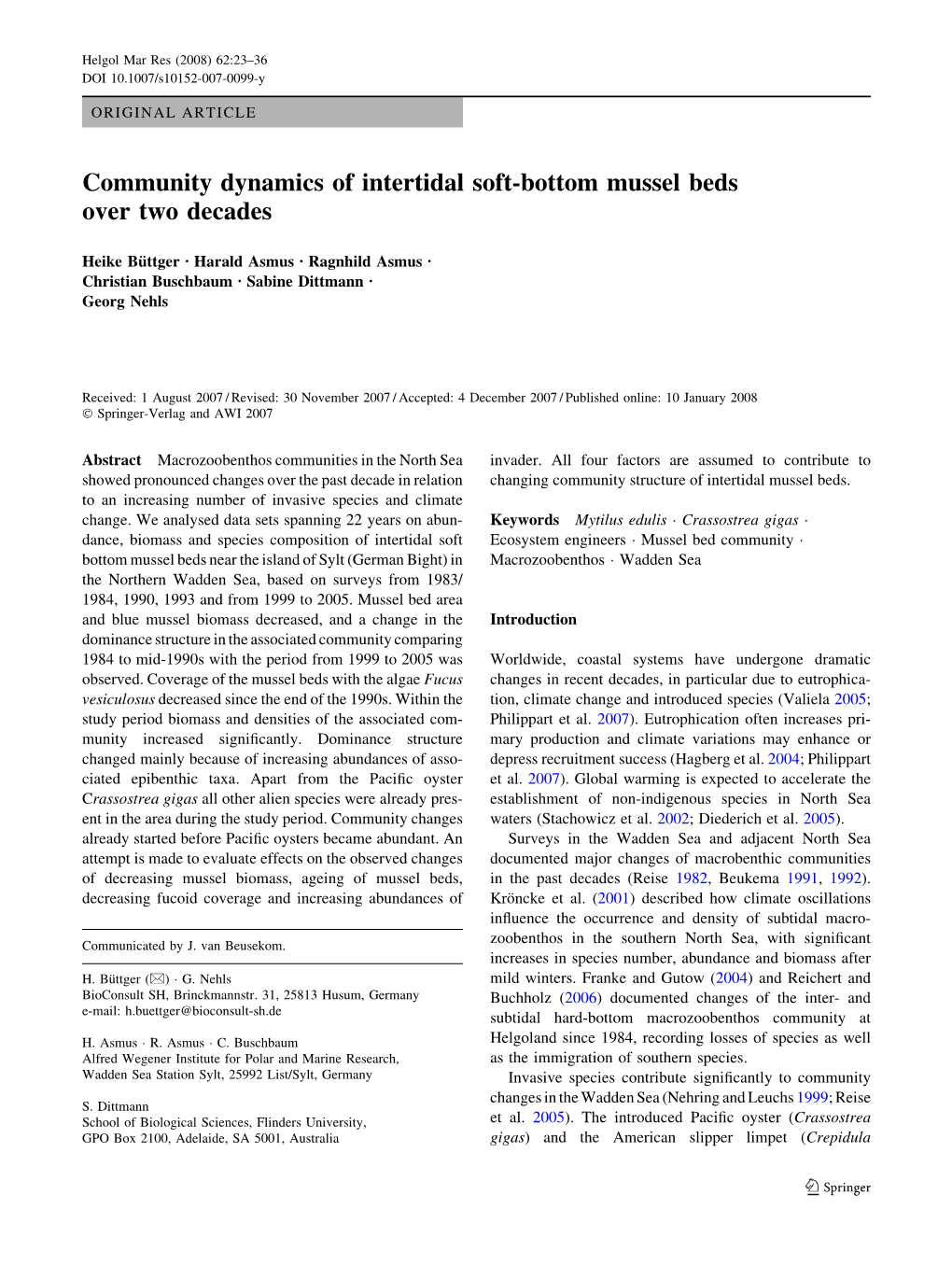 Community Dynamics of Intertidal Soft-Bottom Mussel Beds Over Two Decades