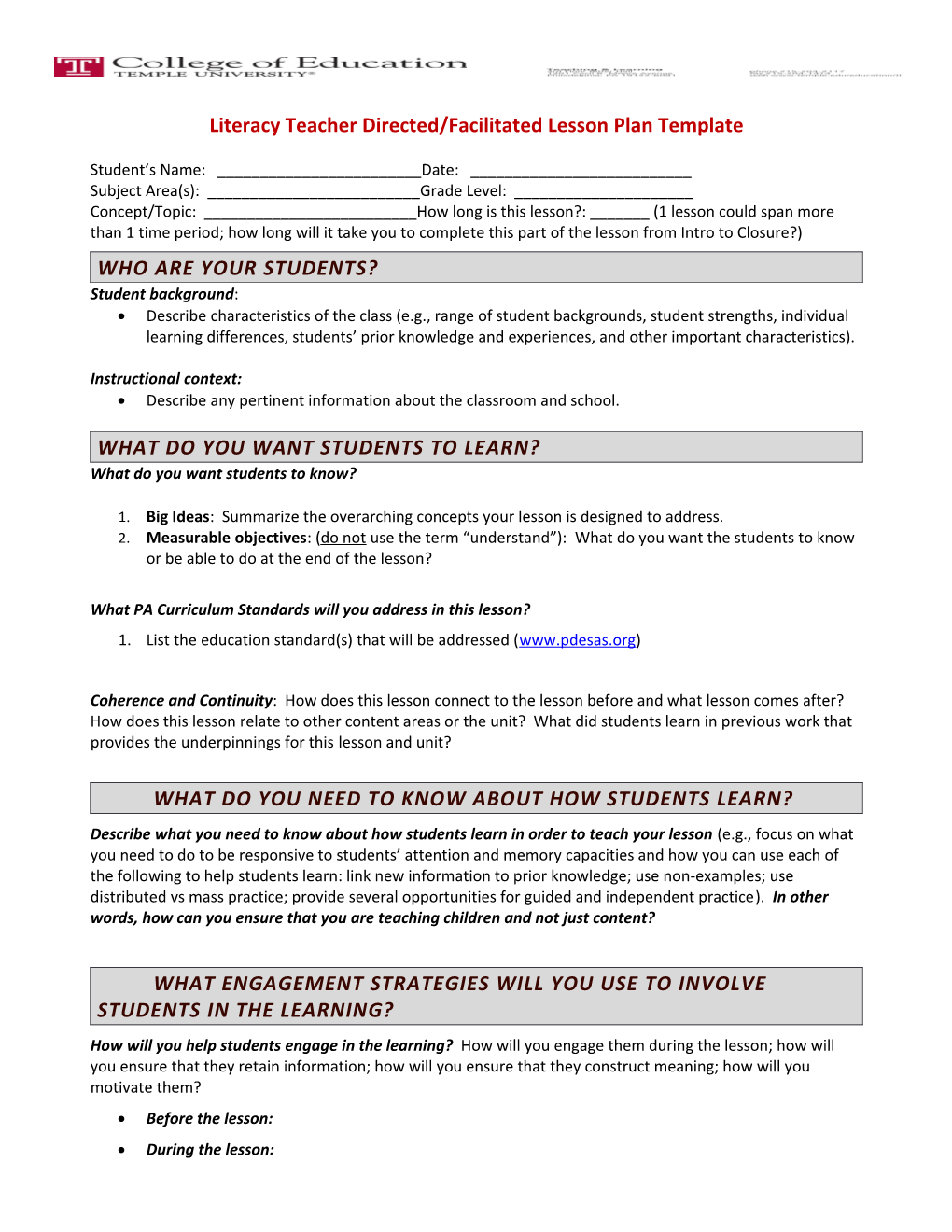 Literacy Teacher Directed/Facilitated Lesson Plan Template