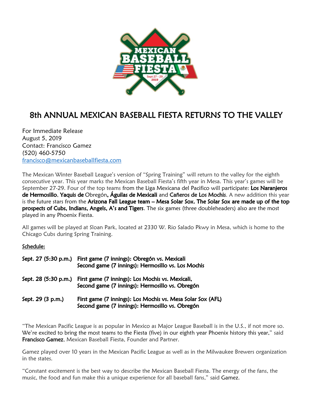 8Th ANNUAL MEXICAN BASEBALL FIESTA RETURNS to the VALLEY