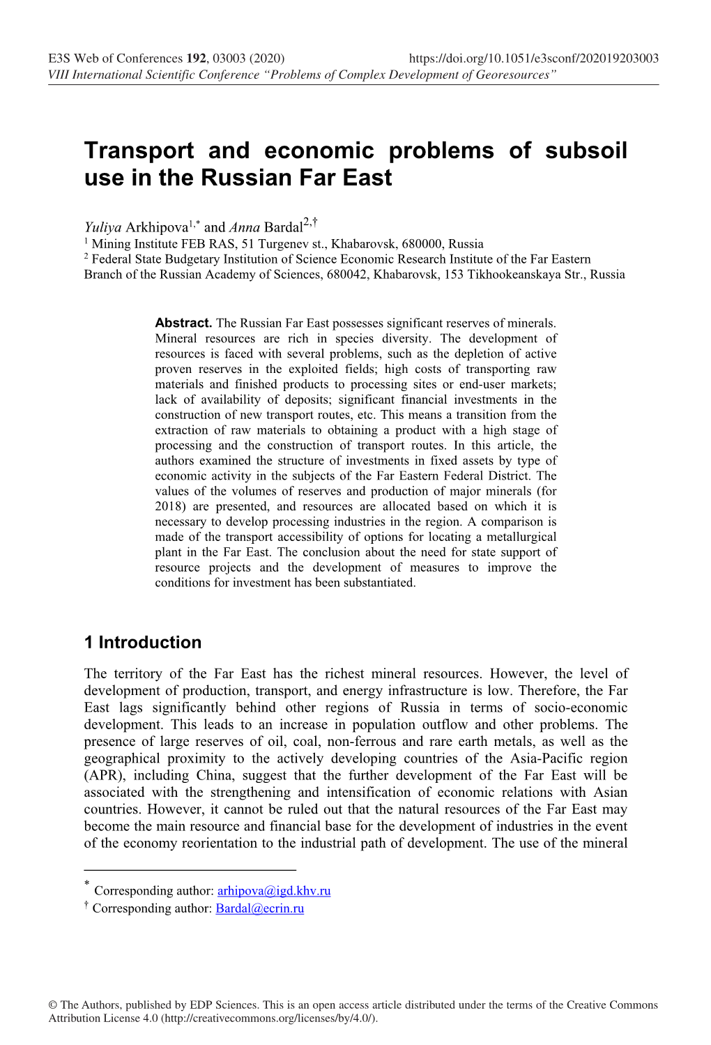 Transport and Economic Problems of Subsoil Use in the Russian Far East