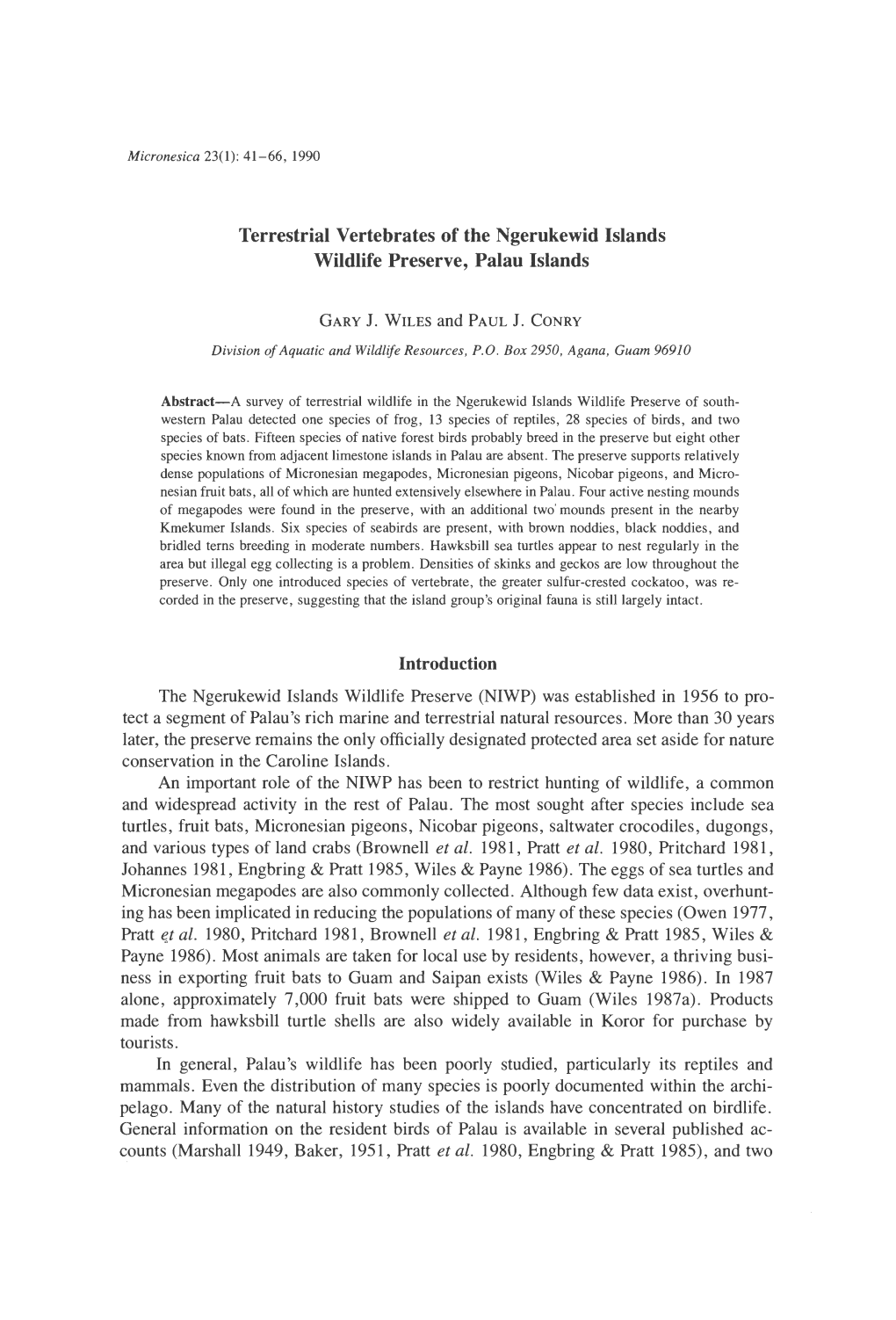 Terrestrial Vertebrates of the Ngerukewid Islands Wildlife Preserve, Palau Islands