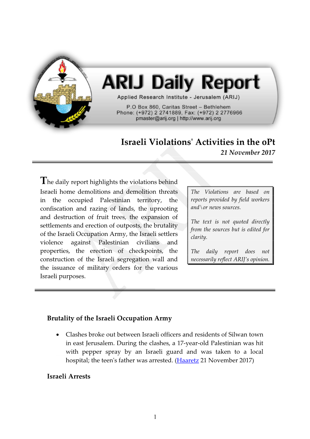 Israeli Violations' Activities in the Opt 21 November 2017