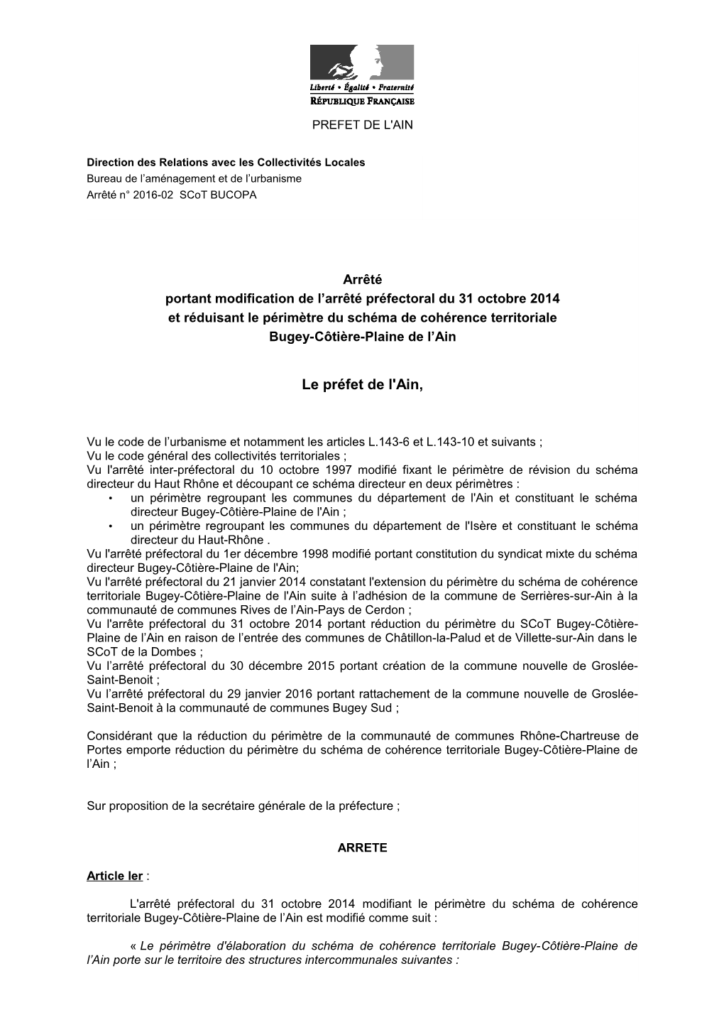 DRCL Arrêté Portant Modification De L'arrêté Préfectoral Du