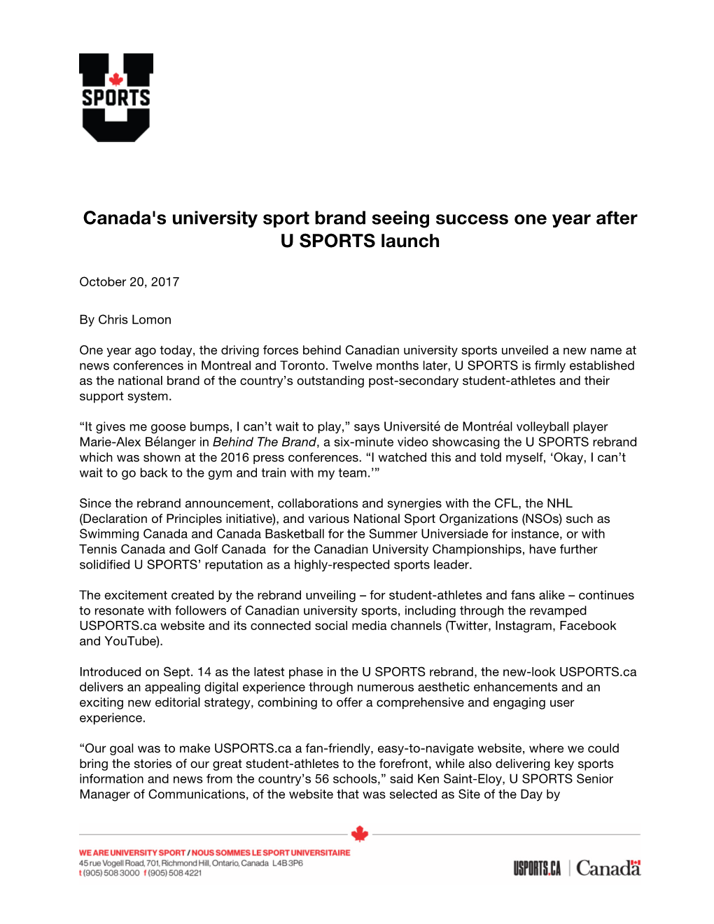 2017/10/20 Canada's University Sport Brand Seeing Success One Year