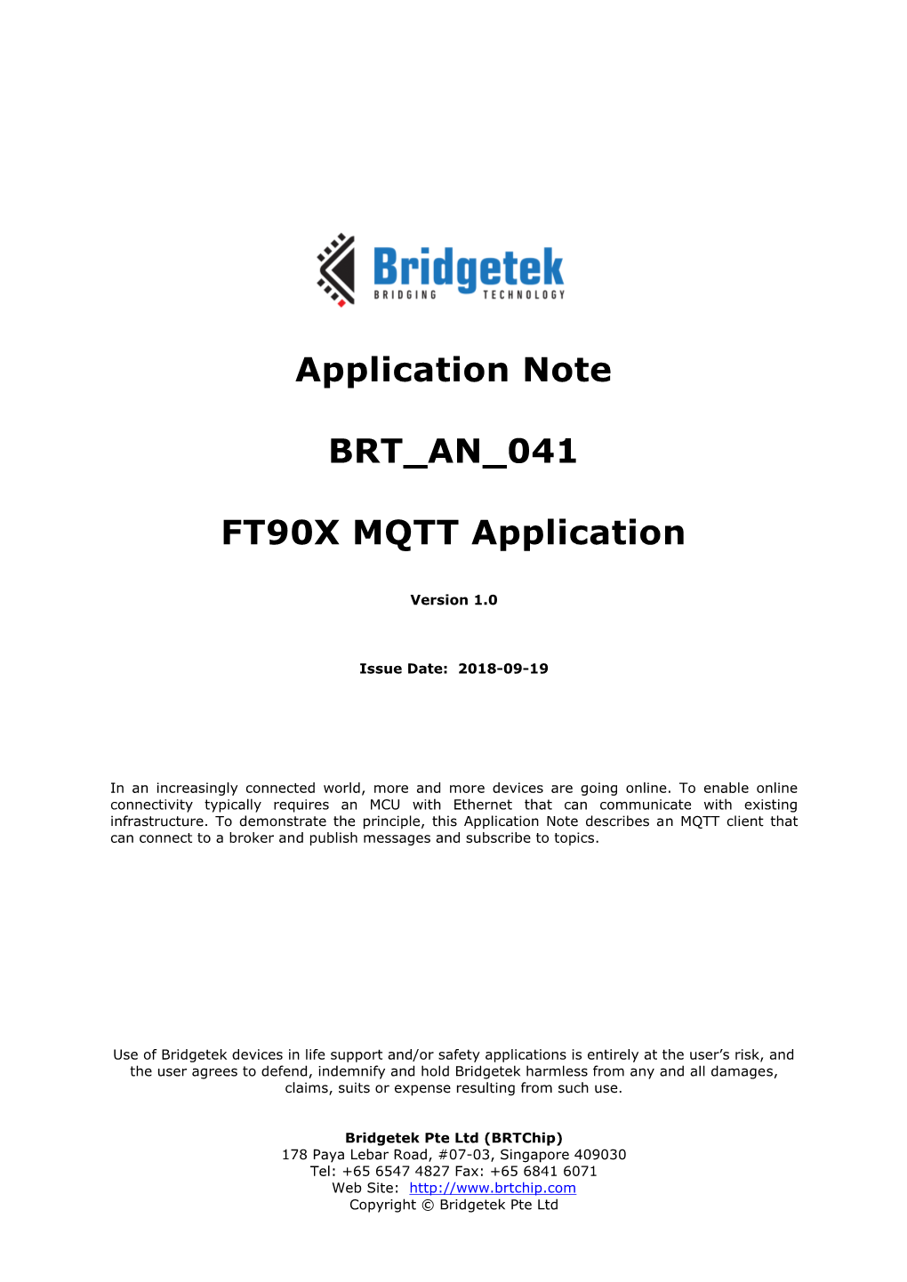BRT an 041 FT90X MQTT Application Version 1.0