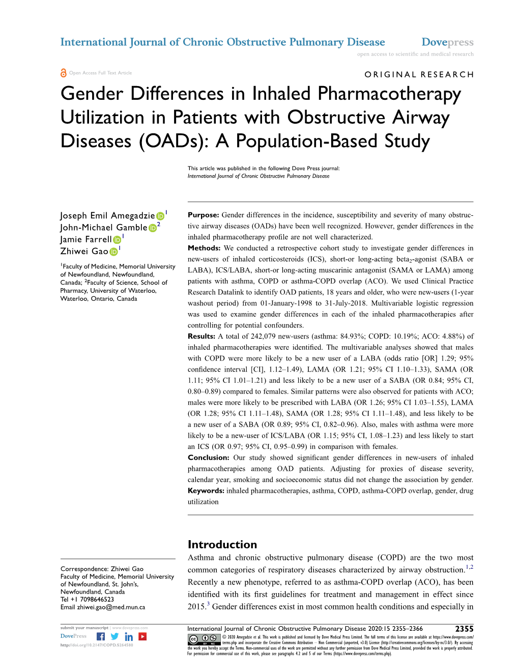 Gender Differences in Inhaled Pharmacotherapy Utilization in Patients with Obstructive Airway Diseases (Oads): a Population-Based Study