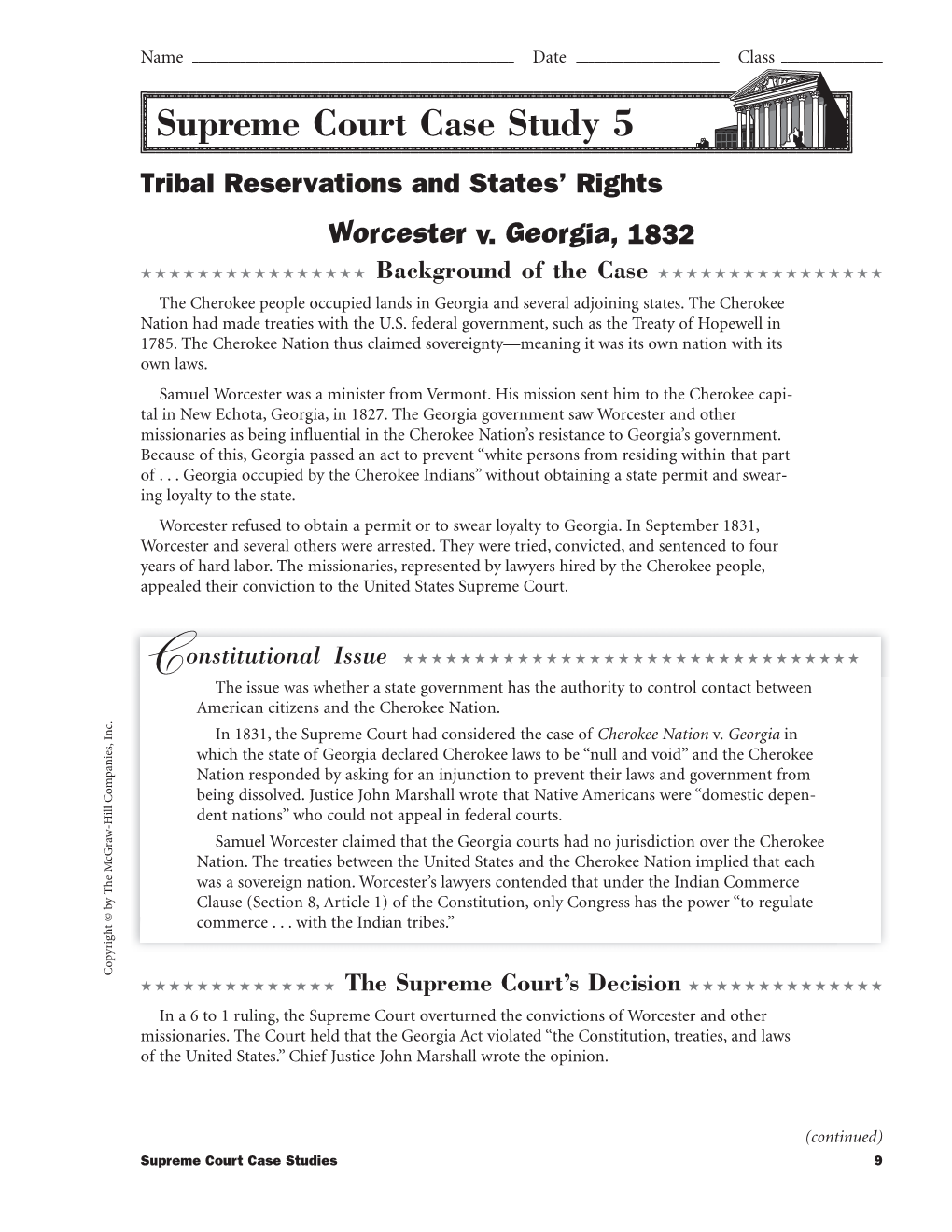 Supreme Court Case Study 5 Tribal Reservations and States’ Rights Worcester V