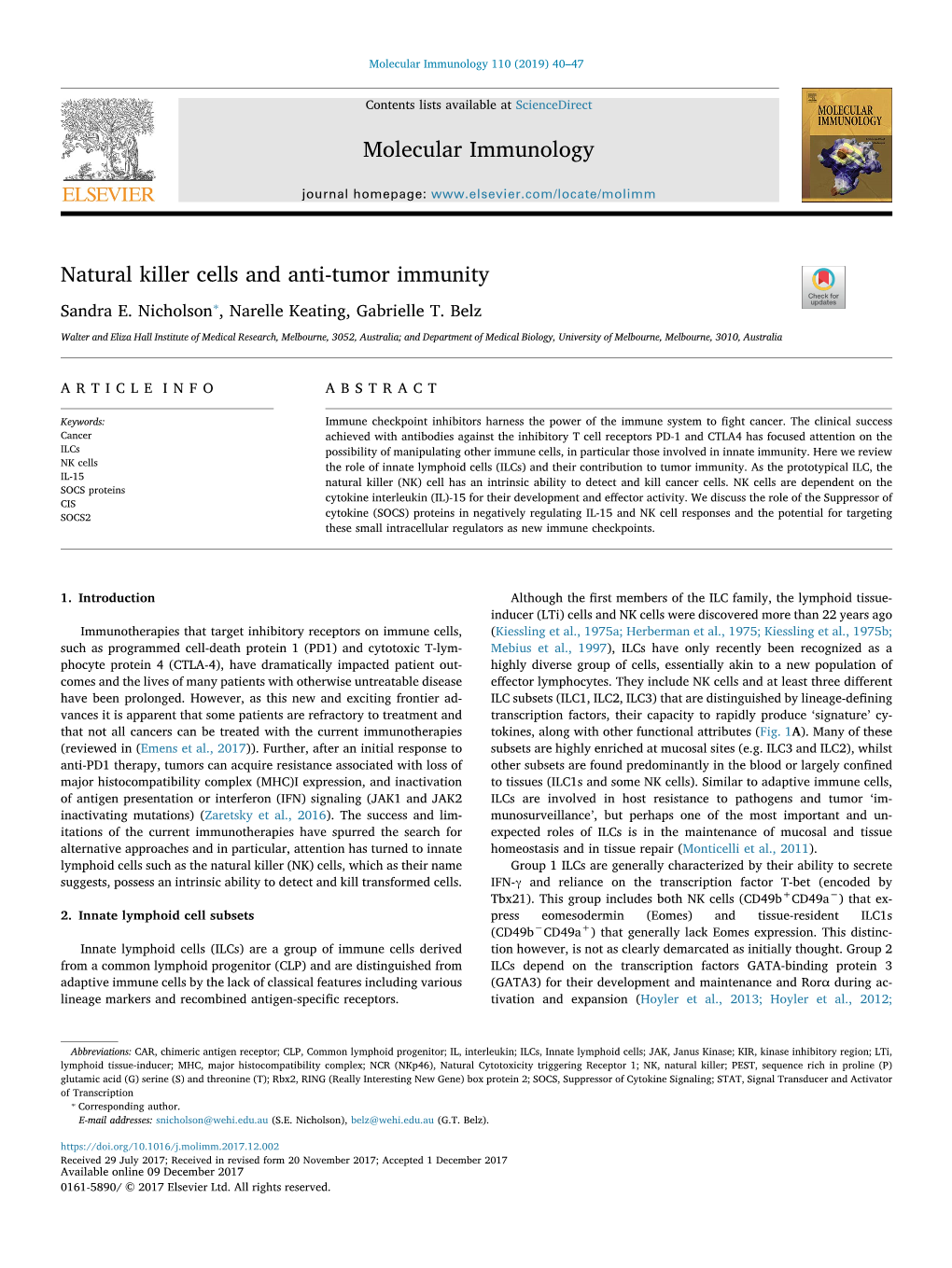 Natural Killer Cells and Anti-Tumor Immunity T ⁎ Sandra E