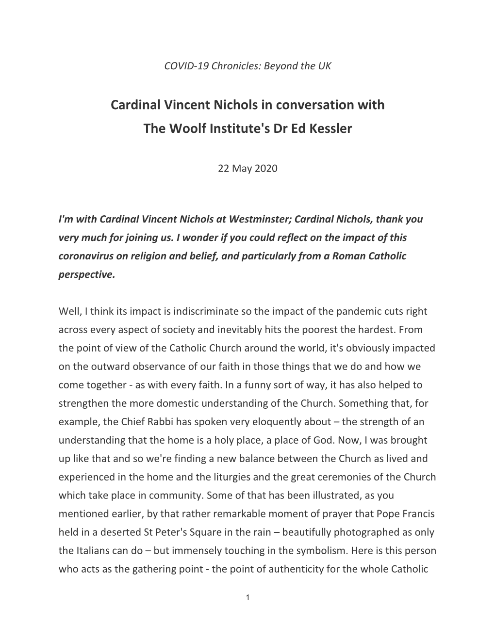 Cardinal Vincent Nichols in Conversation with the Woolf Institute's Dr Ed Kessler