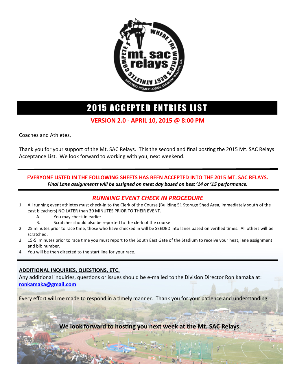 2015 Accepted Entries List Version 2.0 - April 10, 2015 @ 8:00 Pm