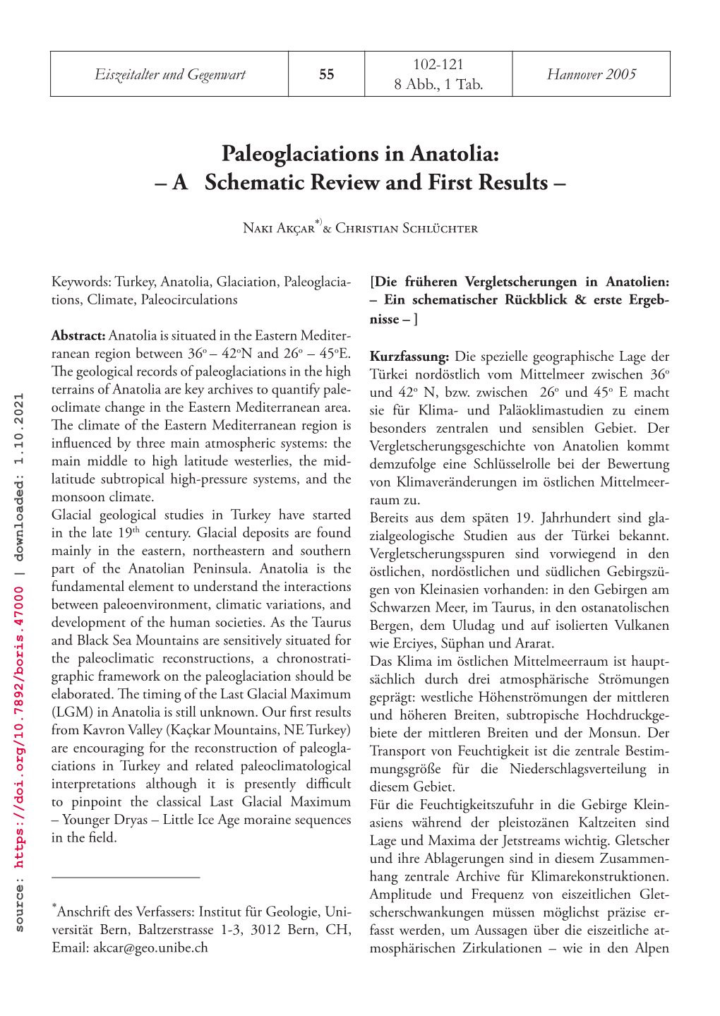 Paleoglaciations in Anatolia: – a Schematic Review And