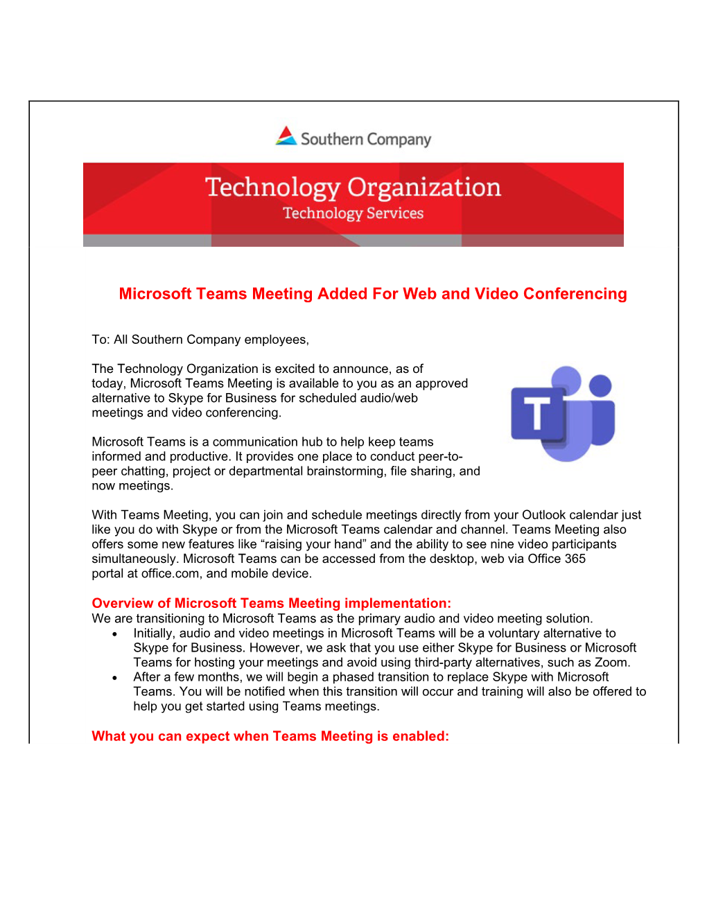 Microsoft Teams Meeting Added for Web and Video Conferencing