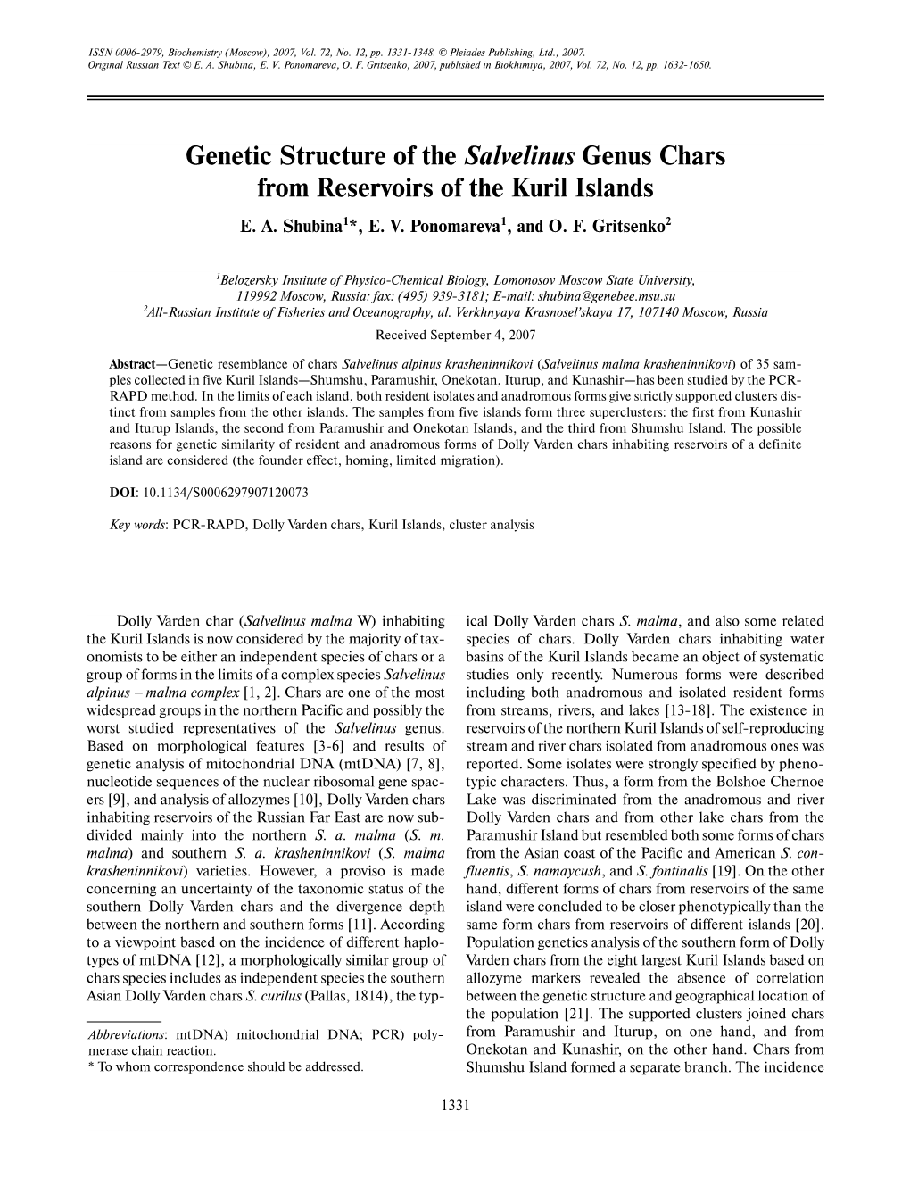 Genetic Structure of the Salvelinus Genus Chars from Reservoirs of the Kuril Islands E