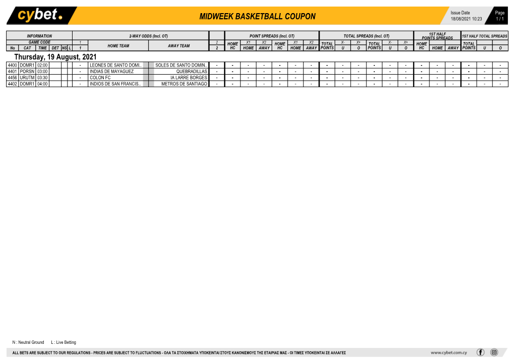 Midweek Basketball Coupon 18/08/2021 10:23 1 / 1