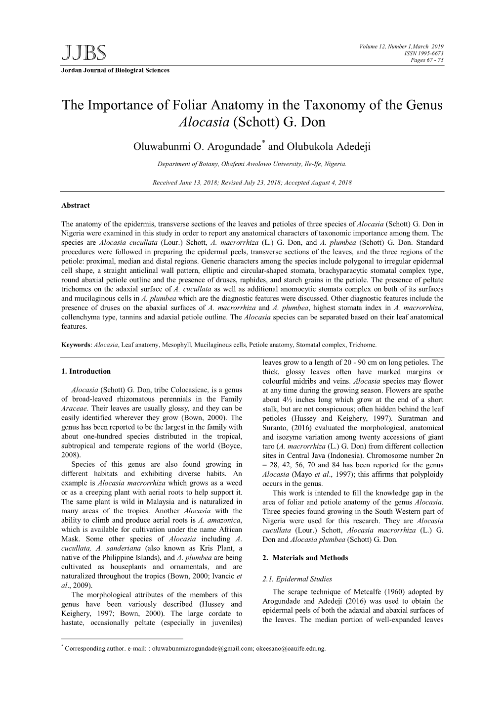 The Importance of Foliar Anatomy in the Taxonomy of the Genus Alocasia (Schott) G