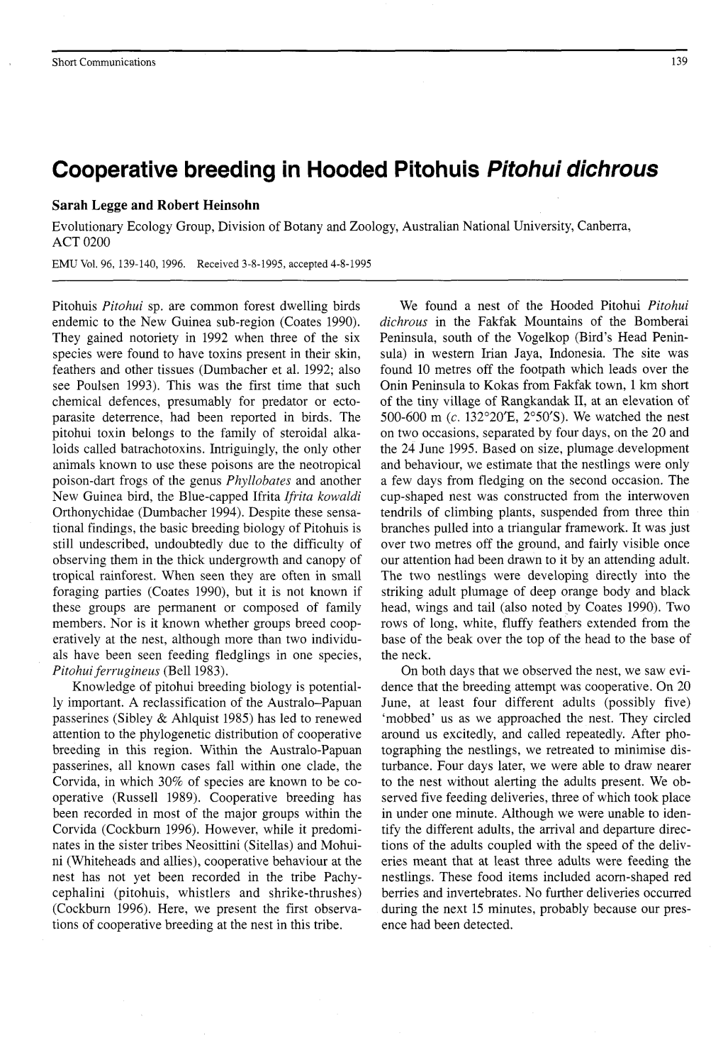 Cooperative Breeding in Hooded Pitohuis Pitohui Dichrous