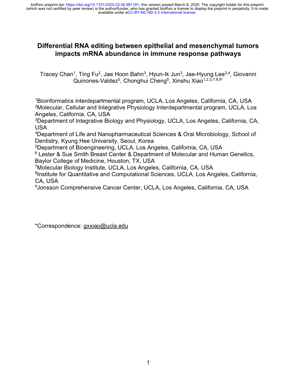 Differential RNA Editing Between Epithelial and Mesenchymal Tumors Impacts Mrna Abundance in Immune Response Pathways