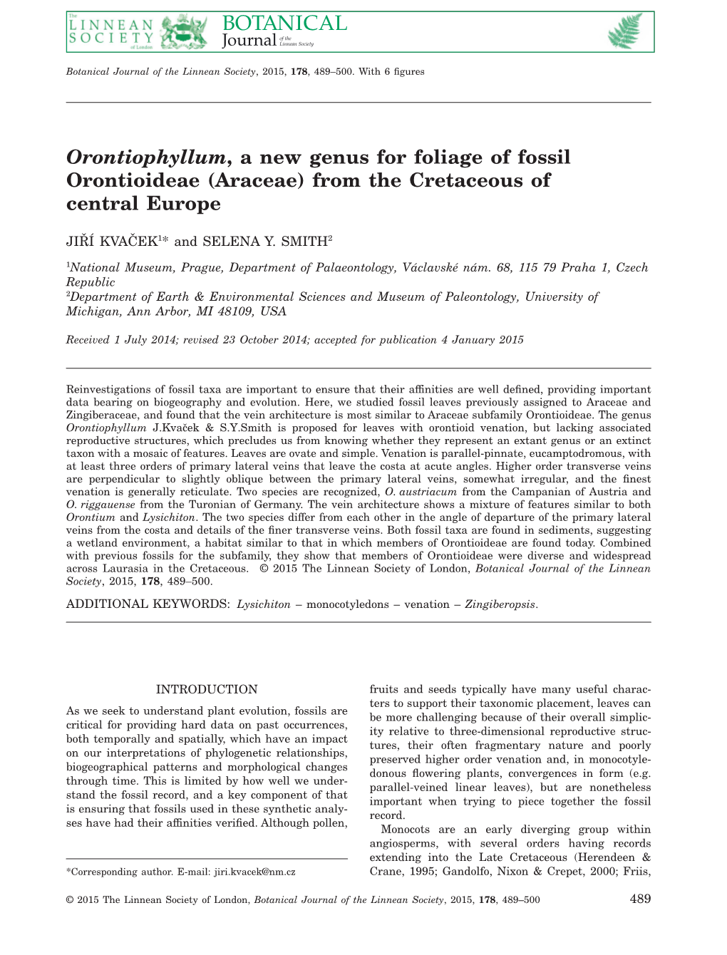 Orontiophyllum, a New Genus for Foliage of Fossil Orontioideae (Araceae) from the Cretaceous of Central Europe