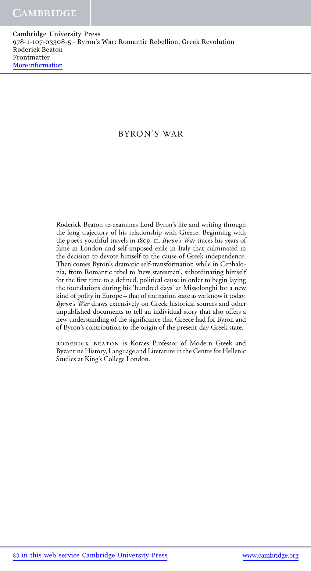 Byron's War: Romantic Rebellion, Greek Revolution Roderick Beaton Frontmatter More Information