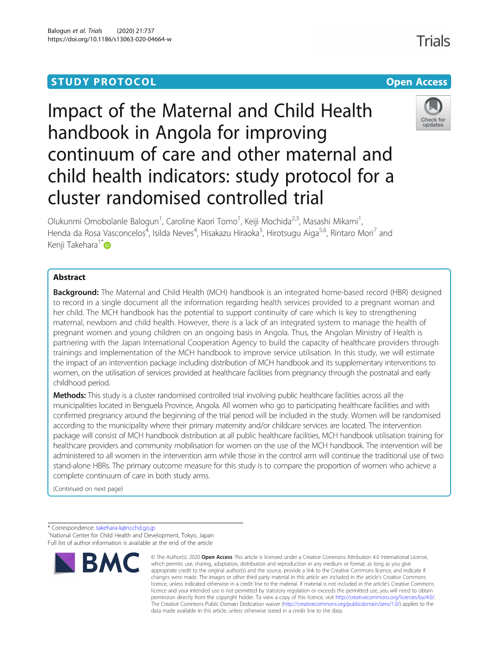 Impact of the Maternal and Child Health Handbook in Angola for Improving Continuum of Care and Other Maternal and Child Health I