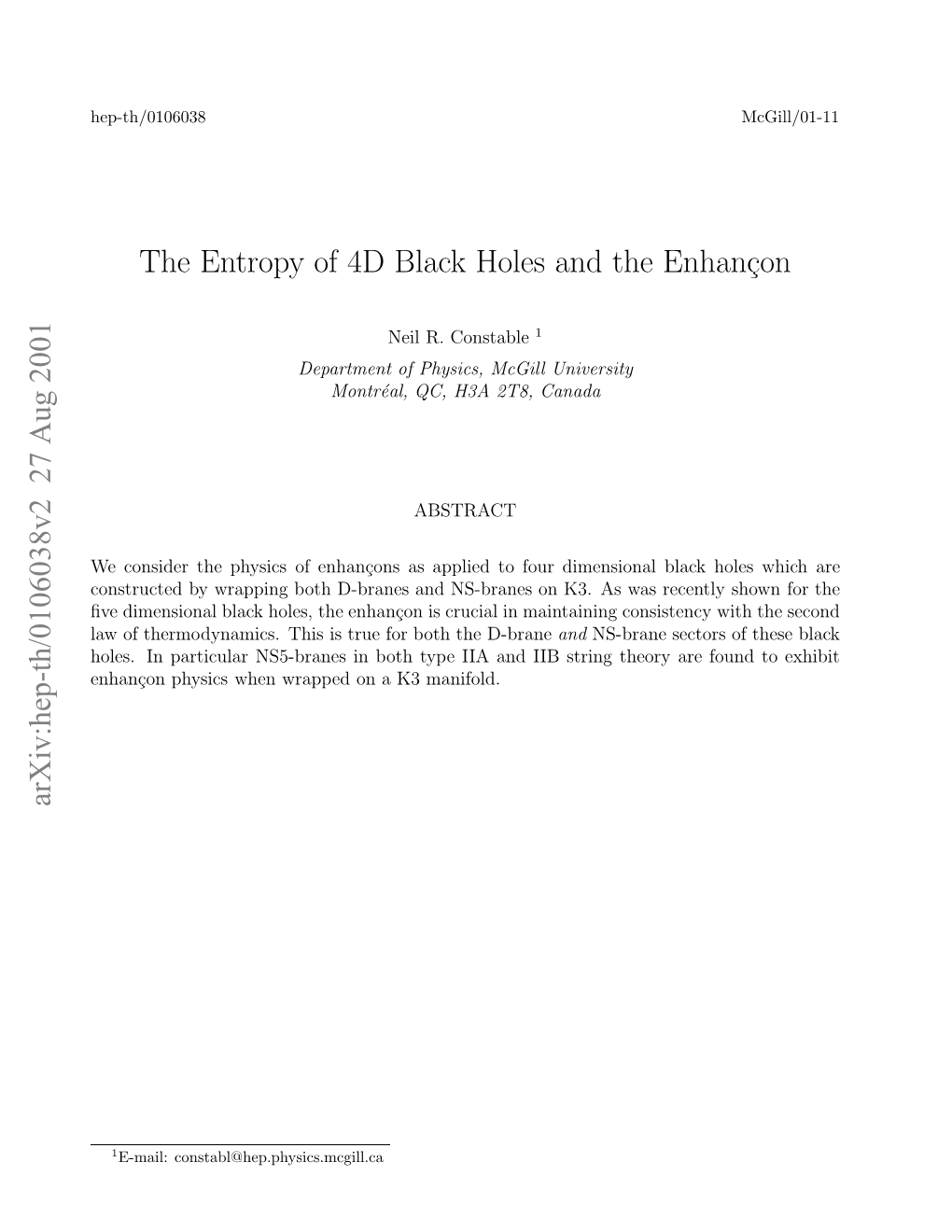 The Entropy of 4D Black Holes and the Enhancon