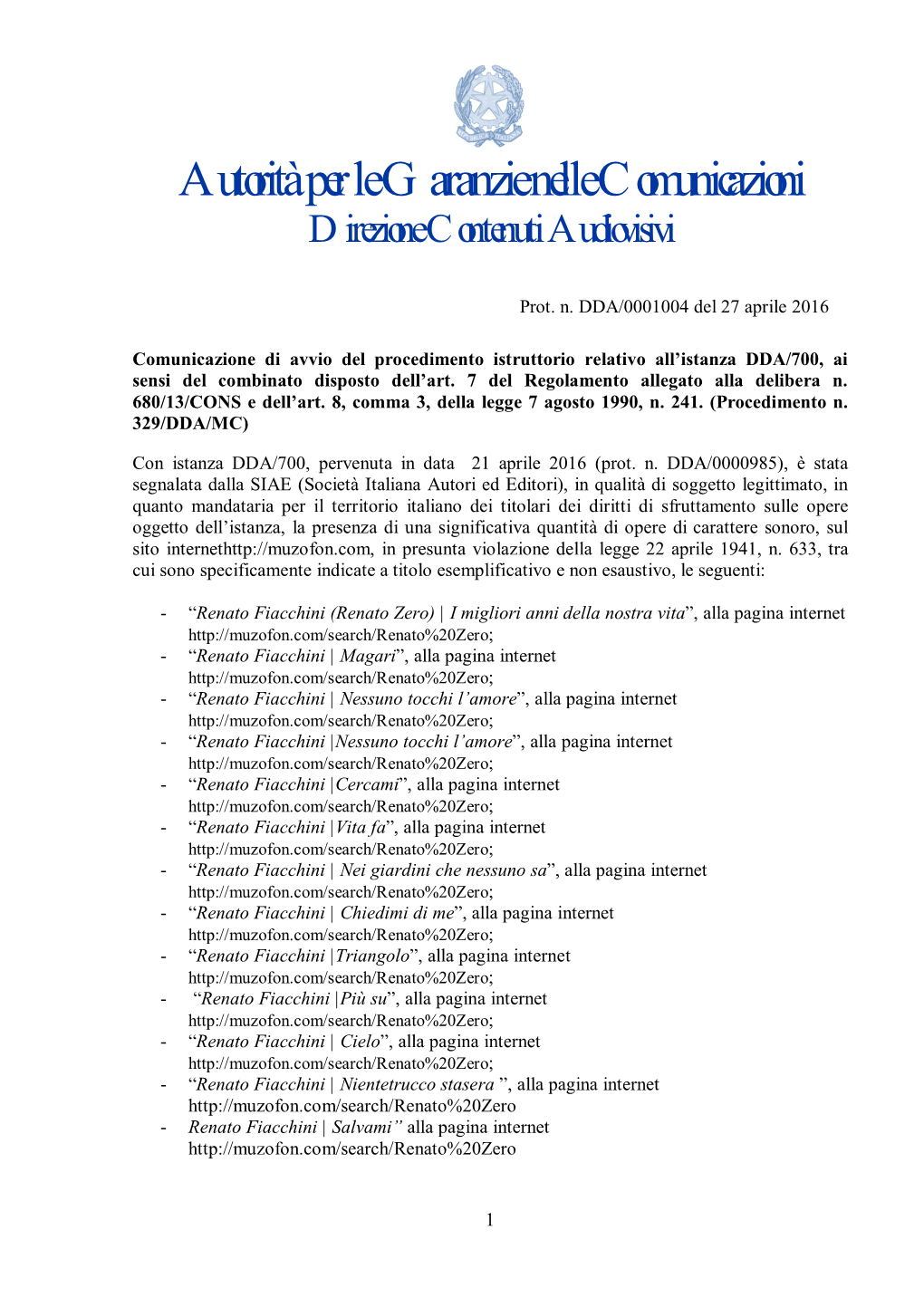 Autorità Per Le Garanzie Nelle Comunicazioni Direzione Contenuti Audiovisivi