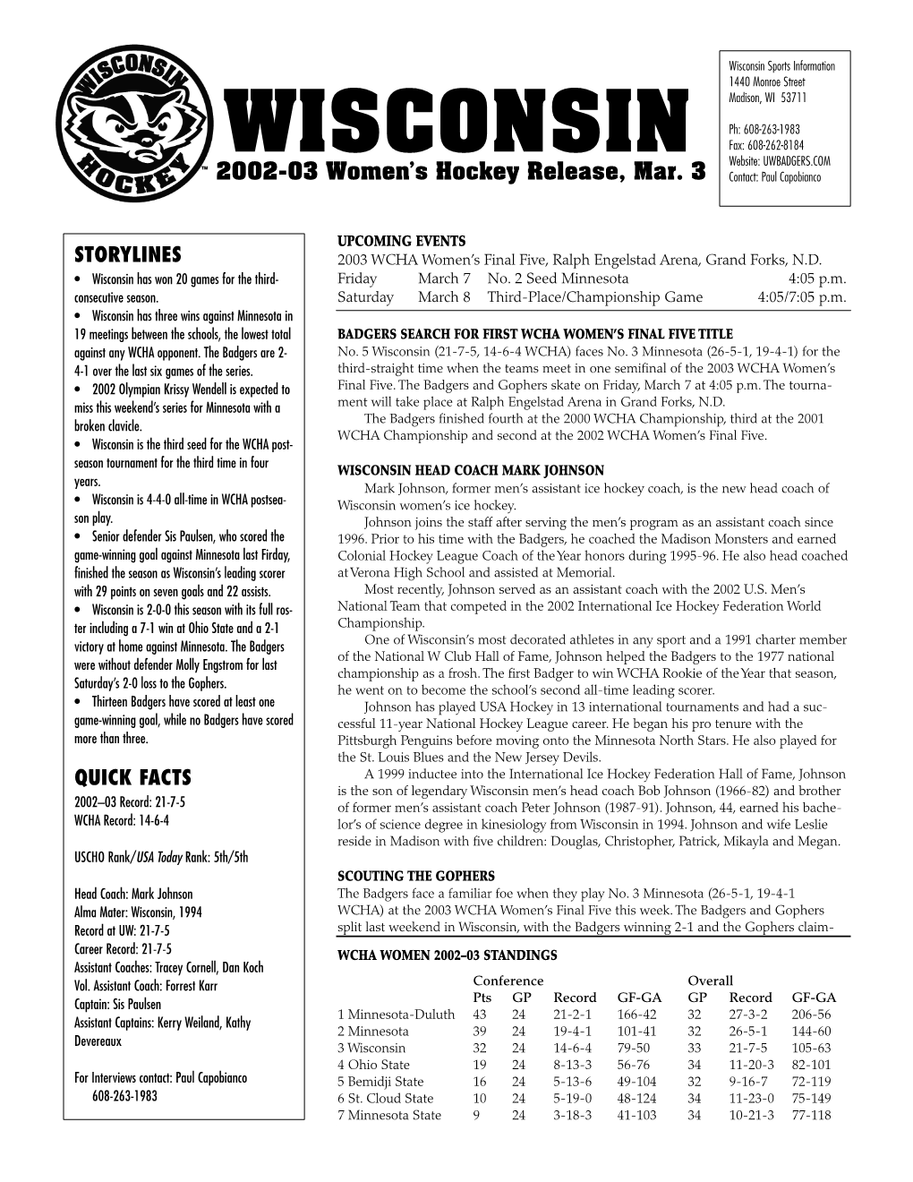 WISCONSIN 2002-03 Women's Hockey Release, Mar. 3