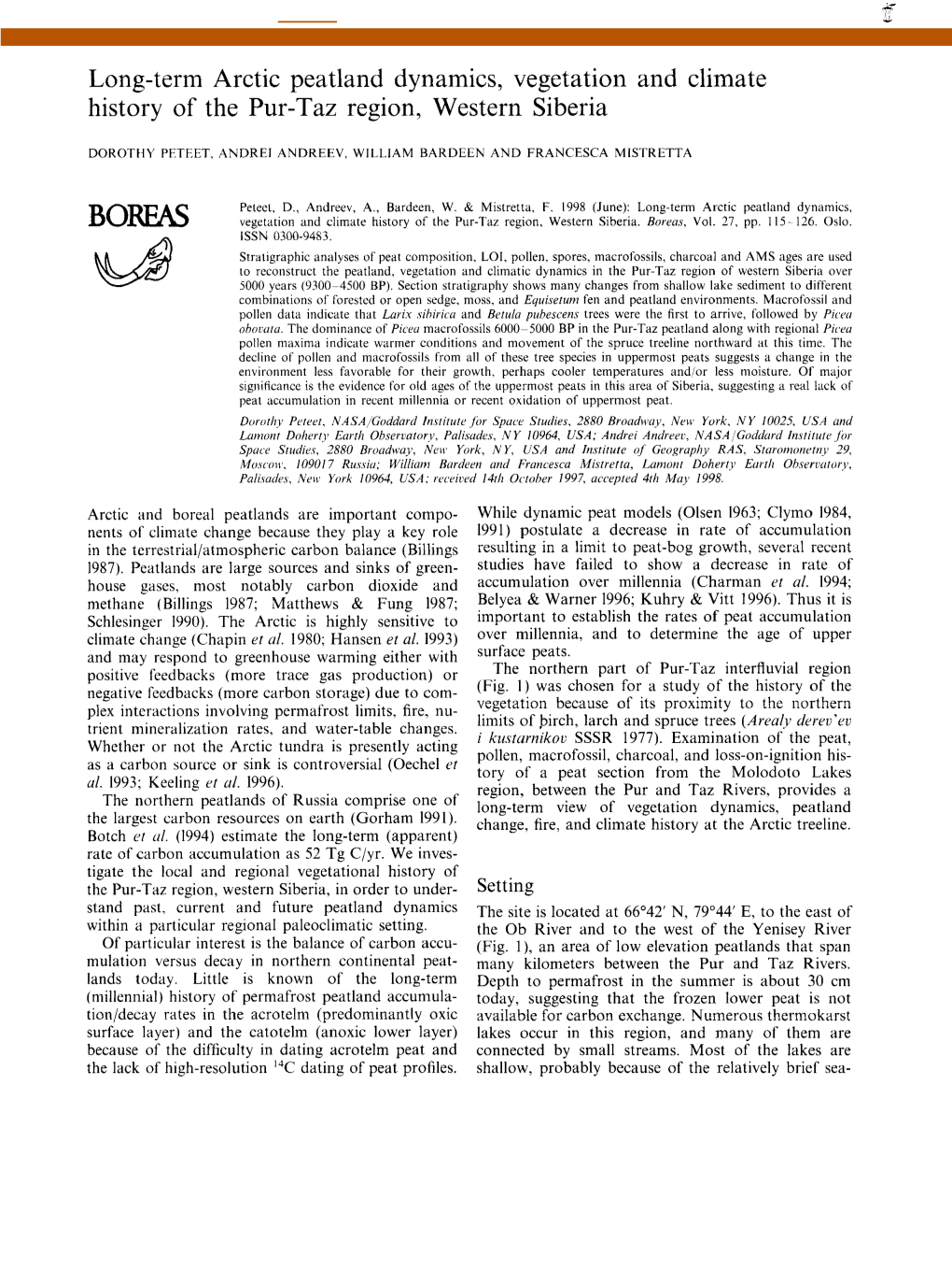 Long-Term Arctic Peatland Dynamics, Vegetation and Climate History of the Pur-Taz Region, Western Siberia