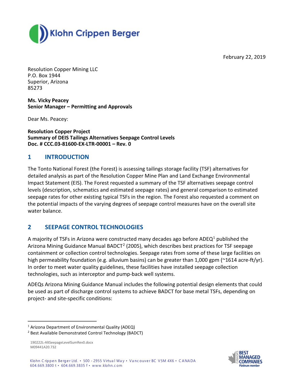 Summary of DEIS Tailings Alternatives Seepage Control Levels Doc