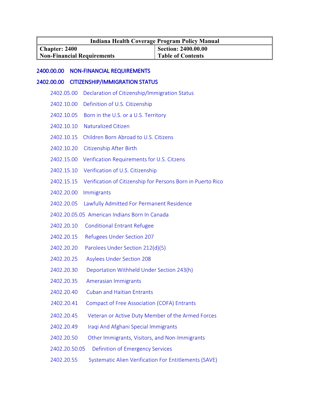 Chapter 2400 of the Indiana Health Coverage Program Policy Manual