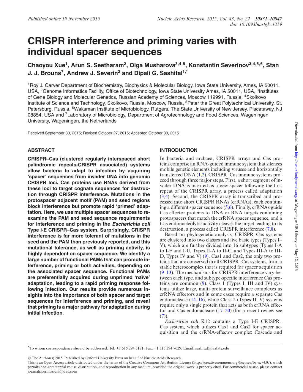 CRISPR Interference and Priming Varies with Individual Spacer Sequences Chaoyou Xue1, Arun S